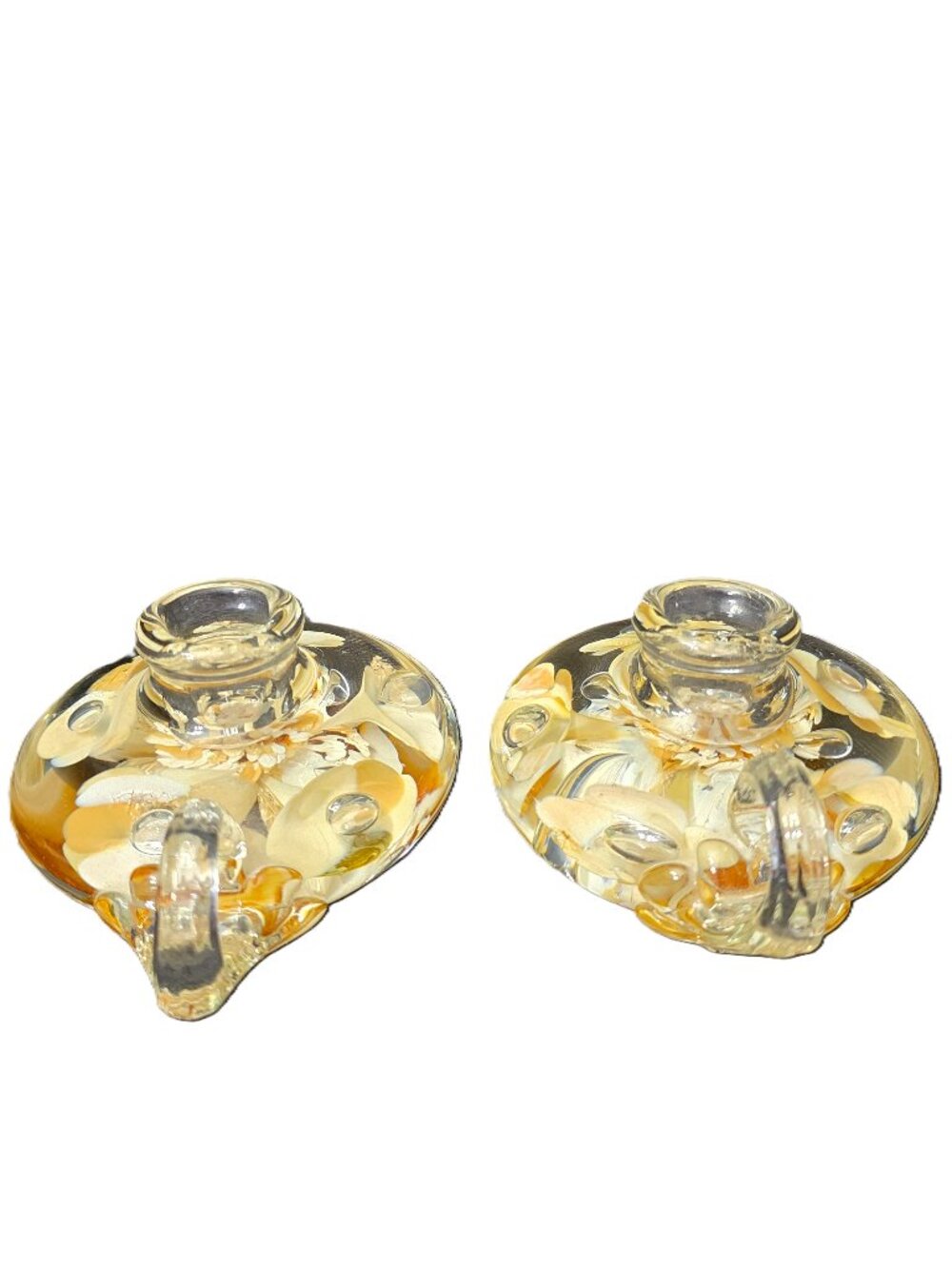 Joe St Clair Paperweight Candlesticks Blown Glass Floral Bubbles Vintage 70s 2pc